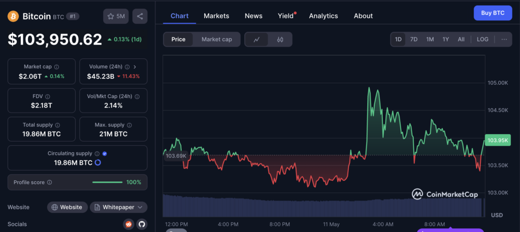 نمودار قیمت و اطلاعات بازار بیت کوین (BTC) - منبع: CoinMarketCap